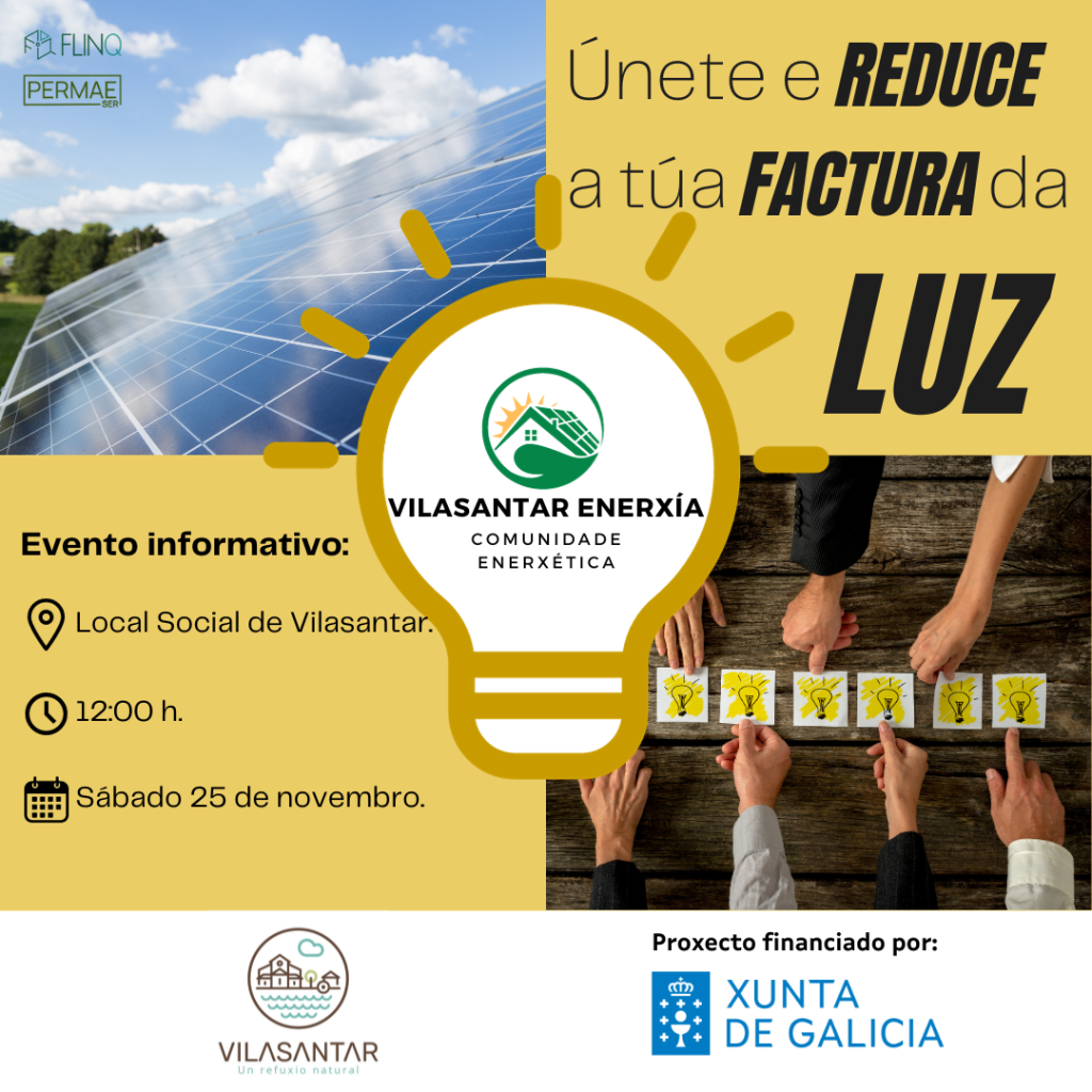 Cartel presentación "Vilasantar Enerxía" o sábado, 25 de novembro ás 12.00 h no local social de Vilasantar.